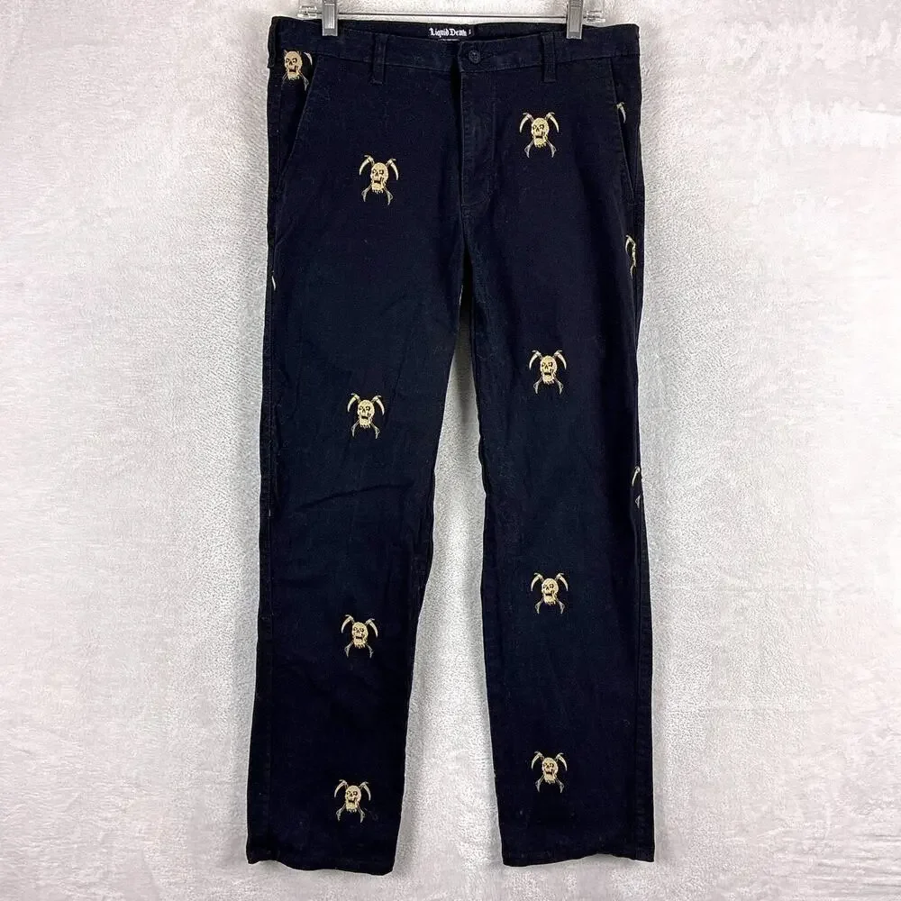 Liquid Death Pants Mens 32 Black Twill Embroidered Gold Skull AOP Yacht Punk